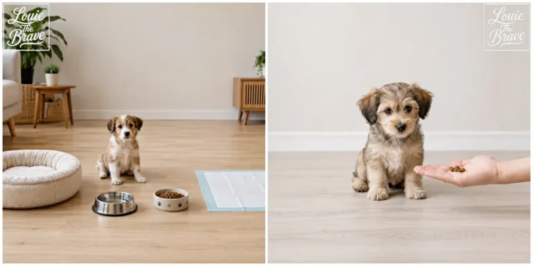 Young puppy sitting indoors beside a bed, water bowl, food bowl and training pad, and looking at kibble offered by hand (침대·물그릇·사료그릇·배변패드 옆에 앉아 있는 어린 강아지와 손에 올린 사료를 바라보는 모습)