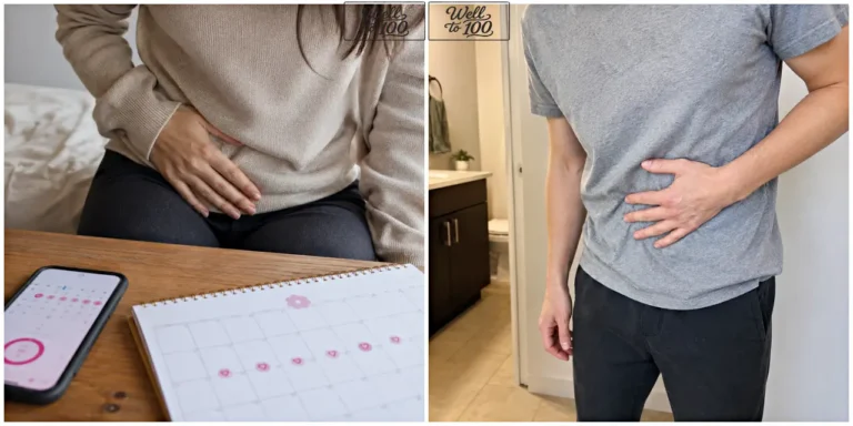 Woman and man holding their lower abdomen, with a menstrual calendar beside the woman (여성과 남성이 아랫배를 짚고 있고 여성 옆에는 생리 달력이 놓인 모습)