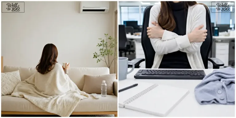 Woman wrapped in a blanket under an air conditioner beside an office worker crossing her arms as if feeling cold (에어컨 아래에서 담요를 두른 여성과 사무실에서 추운 듯 팔을 감싸고 있는 직장인의 모습)