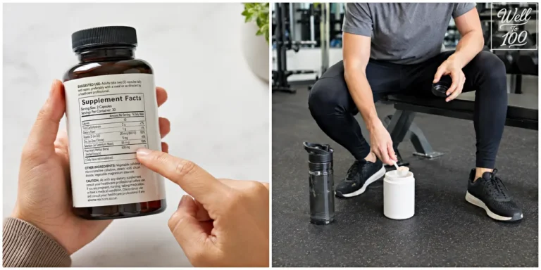 Person checking a Supplement Facts label beside a gym scene with a supplement container and shaker bottle (영양제 Supplement Facts 라벨을 확인하는 모습과 운동 공간의 영양제 용기·셰이커를 함께 보여주는 모습)