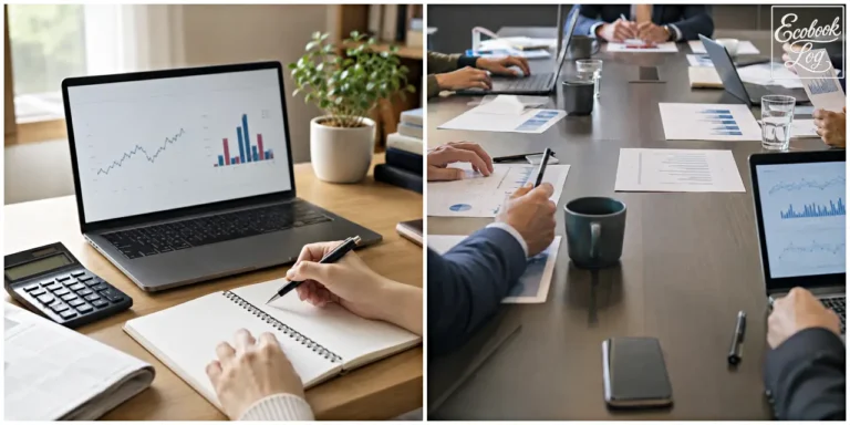 Financial charts on laptops and documents during an interest rate meeting (노트북의 금융 차트와 자료를 보며 기준금리를 논의하는 회의 모습)