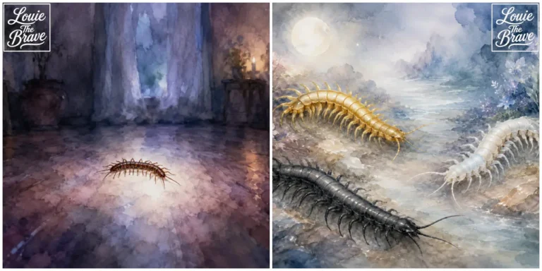 Centipede crawling indoors and several centipedes illustrated in a dreamy watercolor scene (실내를 기어가는 지네와 몽환적인 수채화 장면에 표현된 여러 마리의 지네)