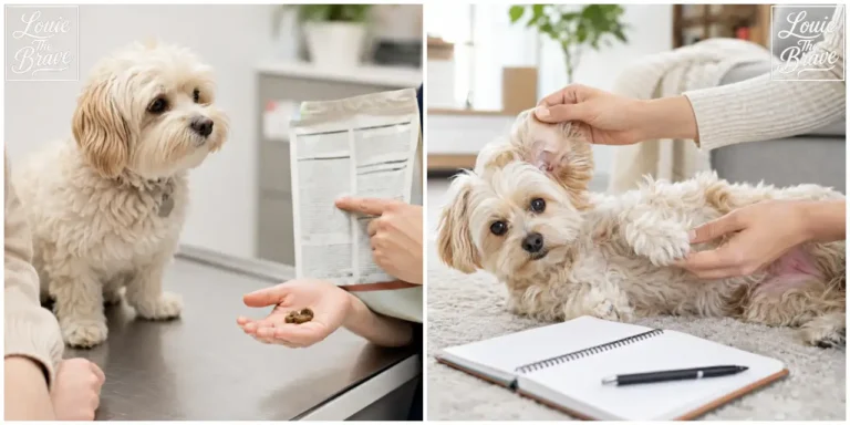 Small cream dog beside a bag of dog food and kibble, and having its ear checked while lying on a carpet (사료 봉투와 사료 알갱이 옆의 작은 크림색 강아지와 카펫에 누워 귀를 확인받는 모습)