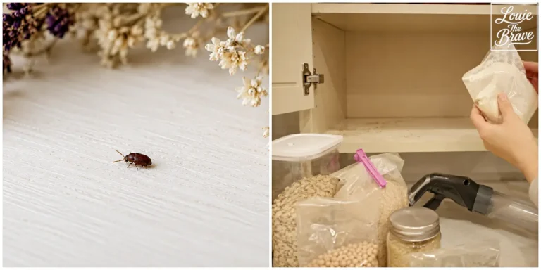 Cigarette beetle on a wooden surface and dry food ingredients being stored in a kitchen cabinet (나무 표면 위의 권연벌레와 주방 수납장에 보관 중인 건조 식재료)