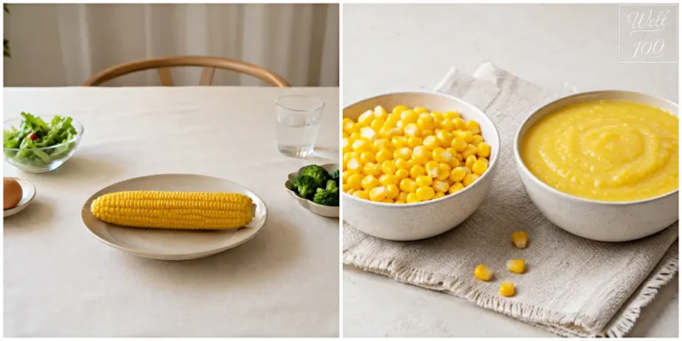 Whole corn on the cob served with vegetables beside bowls of corn kernels and corn porridge (채소와 함께 놓인 통옥수수와 옥수수 알갱이, 옥수수죽을 담은 그릇 모습)
