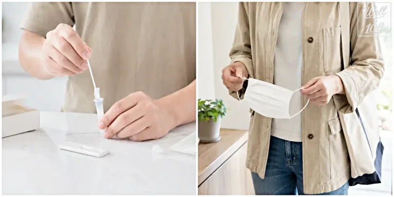 At-home COVID-19 test swab and a person holding a disposable face mask (코로나19 자가검사 면봉과 일회용 마스크를 든 사람)