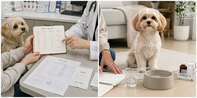 Dog at a veterinary consultation with drinking and urination records, and sitting at home beside water and medication (음수량·배뇨 기록을 들고 동물병원 상담을 받는 강아지와 집에서 물과 약 옆에 앉아 있는 모습)