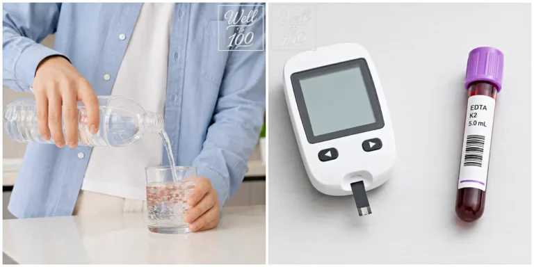 Person pouring water into a glass beside a blood glucose meter and blood sample tube (물을 컵에 따르는 사람과 혈당 측정기, 혈액 검체 튜브를 함께 보여주는 모습)
