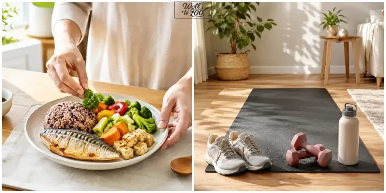 Balanced meal with fish, grains and vegetables beside home workout equipment (생선과 곡물, 채소로 구성한 식사와 홈트레이닝 운동기구를 함께 보여주는 모습)