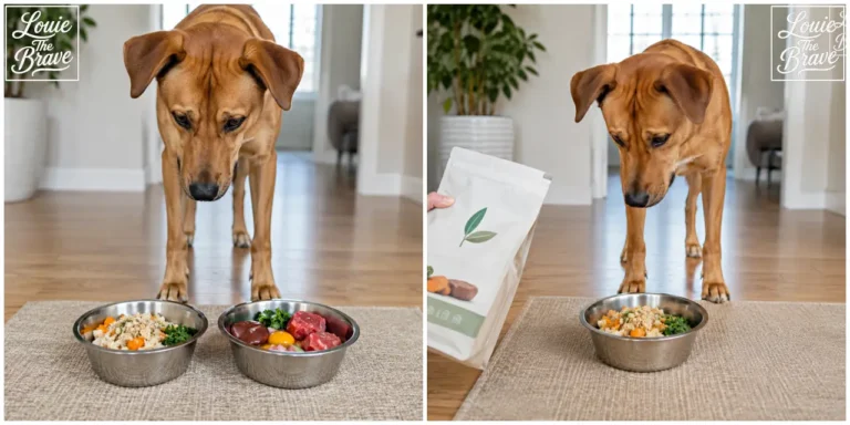 Dog comparing two bowls of fresh food and looking at a packaged dog food meal beside a bowl (두 그릇의 신선식 재료를 비교해 보는 강아지와 포장된 강아지 사료 옆의 음식 그릇을 바라보는 모습)