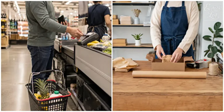 Consumer shopping for groceries and a business owner packing products as economic agents (경제 주체 가계의 소비와 기업의 생산 활동)