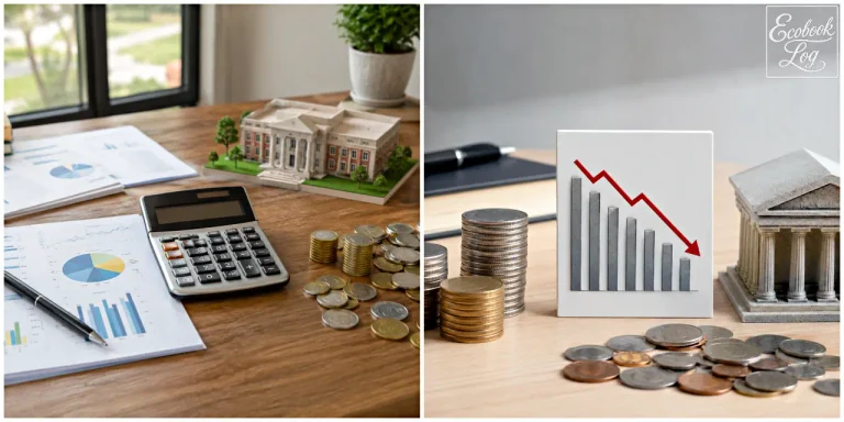Fiscal and monetary policy concept with calculator, coins, government building models and a falling bar chart (계산기와 동전, 정부 건물 모형, 하락 막대그래프로 표현한 재정정책과 통화정책 차이)