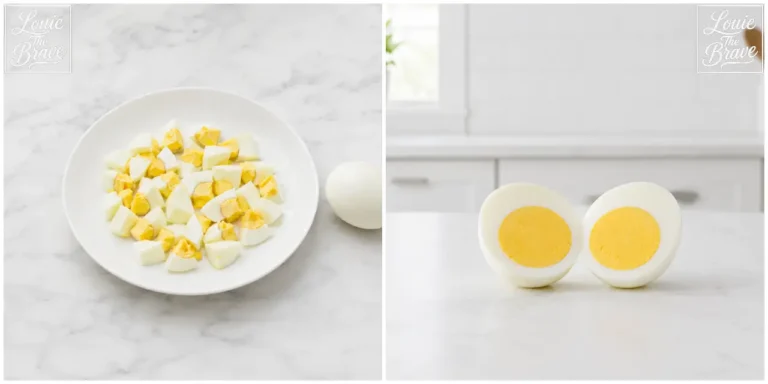Chopped boiled egg on a plate and a halved hard-boiled egg showing the yolk (접시에 담긴 잘게 썬 삶은 달걀과 노른자가 보이도록 반으로 자른 완숙 달걀)