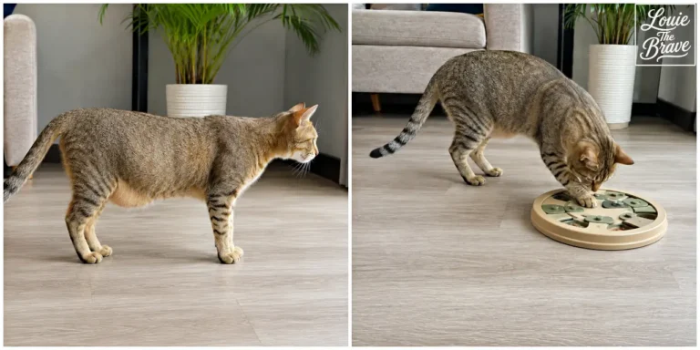 Overweight tabby cat standing indoors and interacting with a circular food puzzle toy (실내에 서 있는 과체중 태비 고양이와 원형 푸드 퍼즐 장난감을 사용하는 모습)