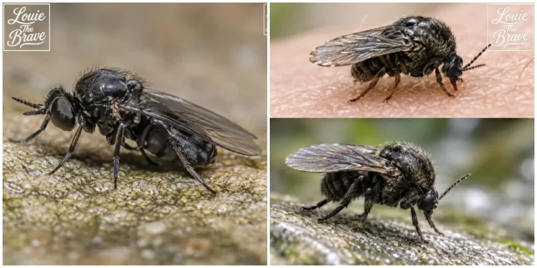 Black flies shown in close-up on a natural surface and on human skin (자연 표면과 사람 피부 위에 있는 검은 파리의 접사 모습)