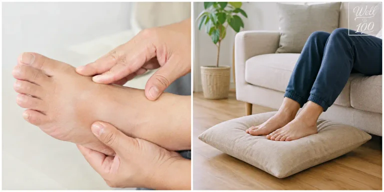 A swollen foot being examined by hand beside bare feet elevated on a cushion (부은 발을 손으로 확인하는 모습과 쿠션 위에 올린 맨발)