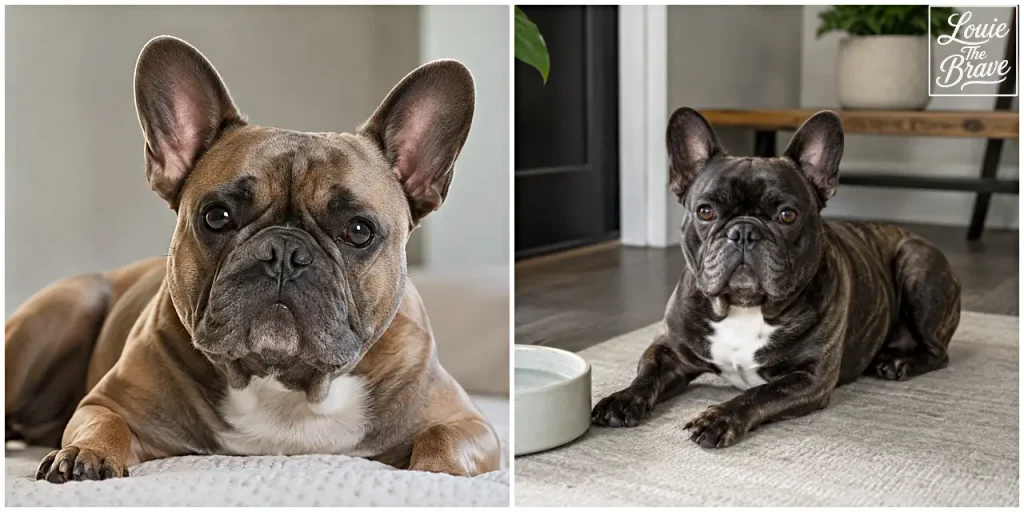 현재 이미지: Fawn and brindle French Bulldogs resting indoors, showing their bat ears and compact build (실내에서 쉬고 있는 황갈색과 브린들 프렌치불독, 큰 박쥐 귀와 탄탄한 체형)