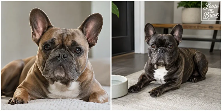 Fawn and brindle French Bulldogs resting indoors, showing their bat ears and compact build (실내에서 쉬고 있는 황갈색과 브린들 프렌치불독, 큰 박쥐 귀와 탄탄한 체형)