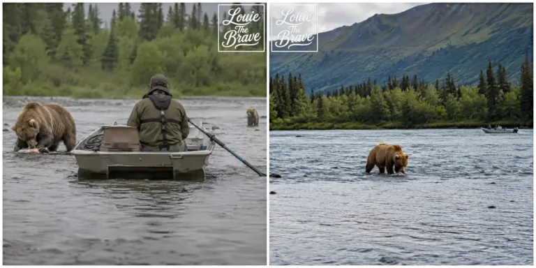 Grizzly bear feeding in a river beside a small boat and another grizzly bear standing in a mountain river (작은 보트 옆 강에서 먹이를 먹는 회색곰과 산악 지대 강물에 서 있는 또 다른 회색곰)