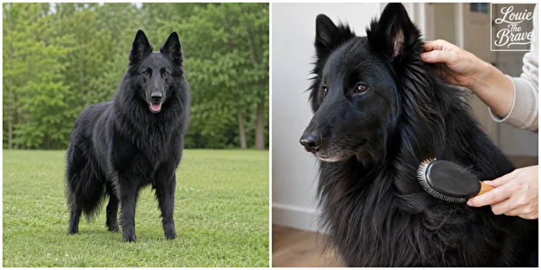 Black long-haired Belgian Shepherd standing on grass and being brushed indoors (잔디 위에 서 있는 검은 장모 벨지안 셰퍼드와 실내에서 빗질받는 모습)