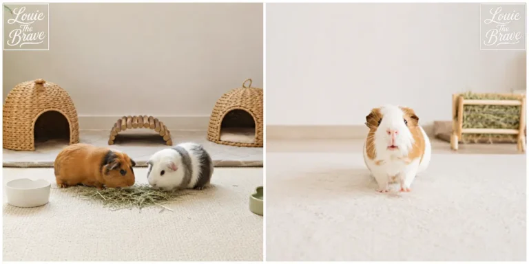 Guinea pigs eating hay in an indoor enclosure and a guinea pig standing beside a hay rack (실내 사육 공간에서 건초를 먹는 기니피그들과 건초 급여대 옆에 서 있는 기니피그)