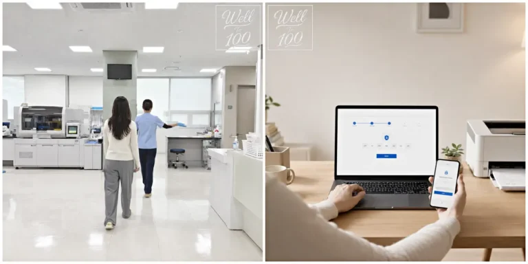 Person entering a medical facility beside another person using a laptop and smartphone for an online application (의료시설로 들어가는 사람과 노트북·스마트폰으로 온라인 신청을 하는 사람의 모습)