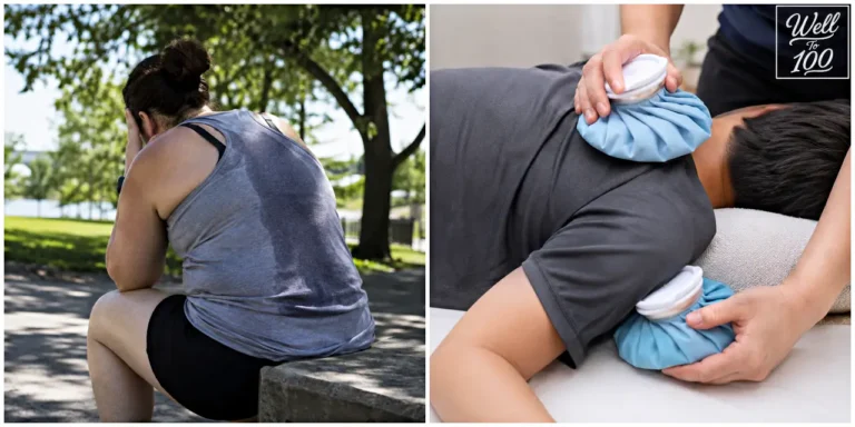 Person resting outdoors in hot weather beside another person being cooled with ice packs (더운 야외에서 쉬고 있는 사람과 얼음찜질팩으로 몸을 식히는 사람의 모습)