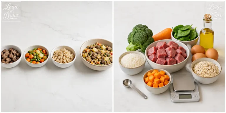 Portioned homemade dog food and fresh ingredients with a kitchen scale (소분한 강아지 수제식과 주방 저울 옆에 준비된 신선한 식재료)