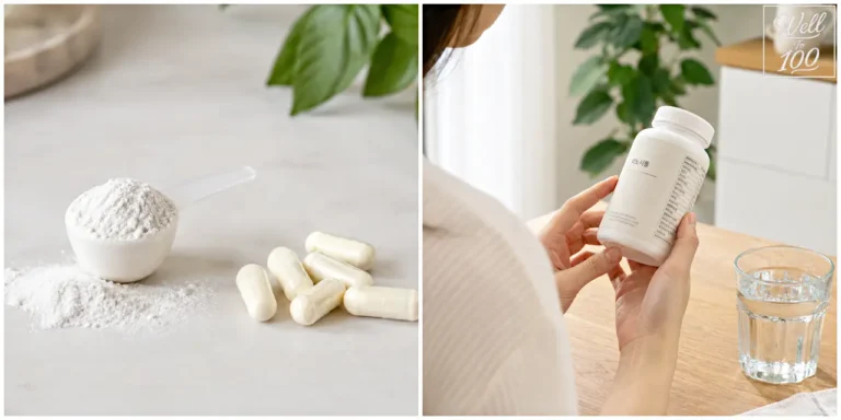 White supplement powder and capsules beside a person reading a supplement bottle with a glass of water (흰색 영양제 분말과 캡슐, 물컵 옆에서 영양제 병의 라벨을 확인하는 사람의 모습)