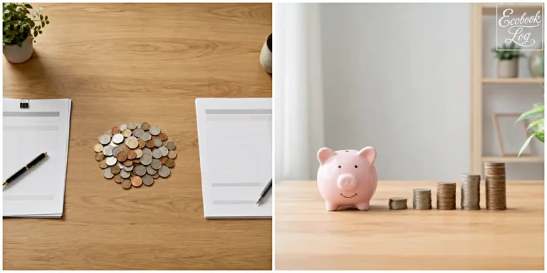 Coins, financial documents, a piggy bank, and growing coin stacks illustrating interest rates (동전과 금융 서류, 저금통과 쌓이는 동전으로 표현한 이자율)