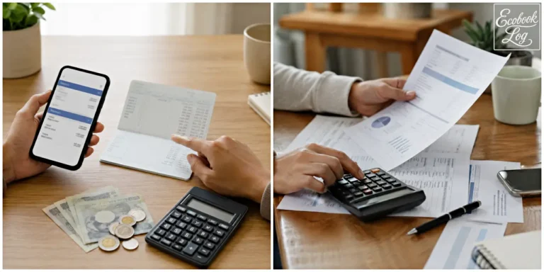 Comparing bank interest rates with a smartphone, passbook, calculator, and financial documents (스마트폰과 통장, 계산기, 금융 서류로 예금금리와 대출금리를 비교하는 모습)