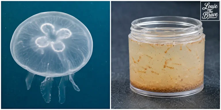 Jellyfish swimming underwater and small aquatic organisms in a clear container of water (수중을 헤엄치는 해파리와 투명 용기 속 물에 담긴 작은 수생 생물)