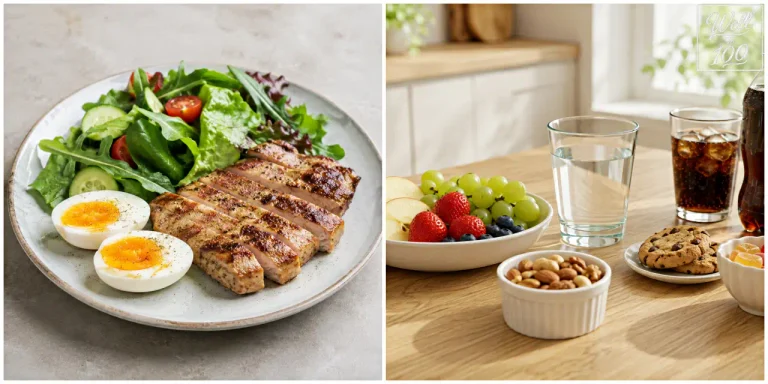 Grilled chicken, boiled eggs and salad beside fruit, nuts, cookies, water and soda (구운 닭고기·삶은 달걀·샐러드와 과일·견과류·쿠키·물·탄산음료를 함께 보여주는 모습)