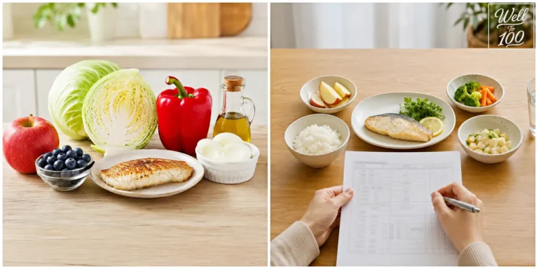 Apple, blueberries, cabbage, red bell pepper, fish, egg whites and olive oil beside a balanced meal plan (사과·블루베리·양배추·빨간 파프리카·생선·달걀흰자·올리브오일과 균형 잡힌 식단 계획을 함께 보여주는 모습)