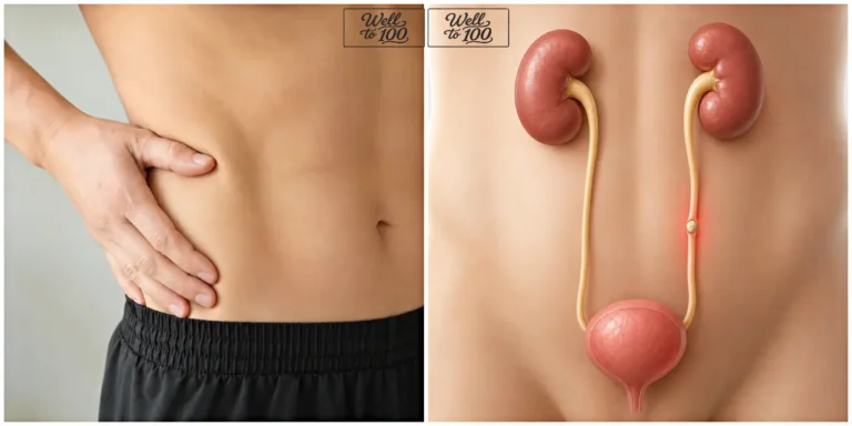 Person holding the left side of the abdomen beside an illustration of the kidneys, ureters, and bladder (왼쪽 옆구리를 짚고 있는 사람과 신장·요관·방광을 보여주는 해부학적 그림)