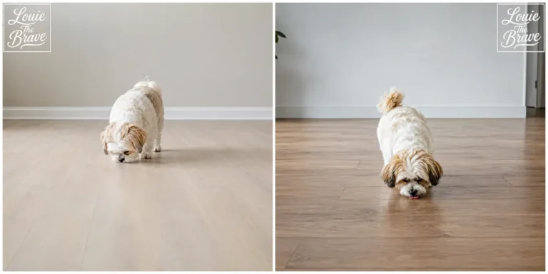 Small dog repeatedly licking a wooden floor indoors (실내 나무 바닥을 반복해서 핥는 작은 강아지)
