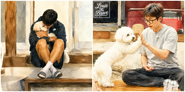 Man cuddling a small white dog and giving the dog a high-five in a watercolor-style illustration (작은 흰 강아지를 안고 있는 남성과 강아지와 하이파이브하는 수채화 스타일 일러스트)