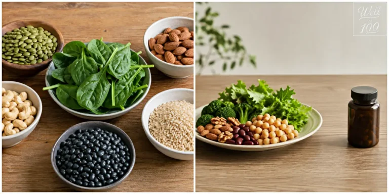 Magnesium-rich foods including spinach, beans, nuts, seeds and whole grains beside a supplement bottle (시금치·콩·견과류·씨앗류·통곡물 등 마그네슘이 풍부한 식품과 영양제 병을 함께 놓은 모습)