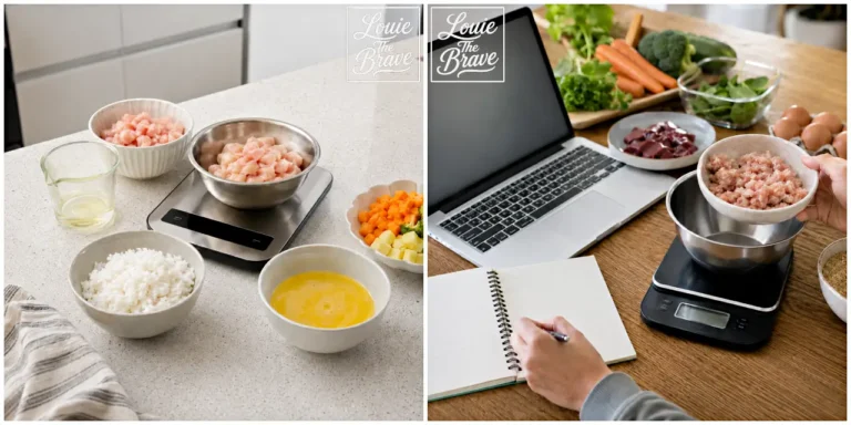 Ingredients for homemade dog food being portioned and weighed with a kitchen scale (주방 저울로 계량하며 소분하는 강아지 수제식 재료)