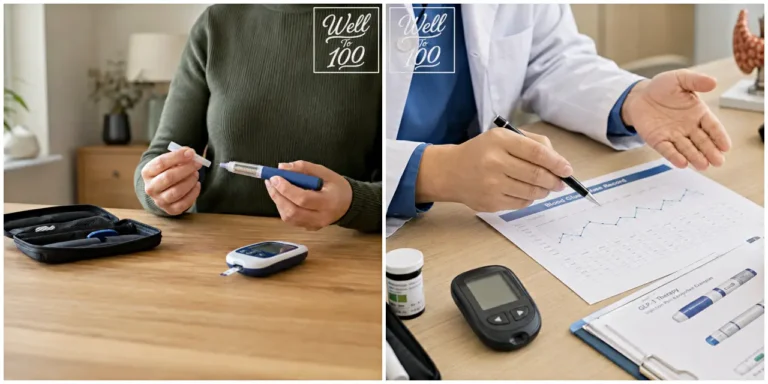 Person holding an injection pen beside a blood glucose meter while a doctor reviews a weight-loss chart (혈당 측정기 옆에서 주사 펜을 들고 있는 사람과 체중 변화 그래프를 확인하는 의사의 모습)