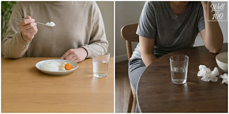 Person eating a small bland meal beside another person resting with water and tissues (소량의 담백한 식사를 하는 사람과 물·휴지를 곁에 두고 쉬는 사람의 모습)