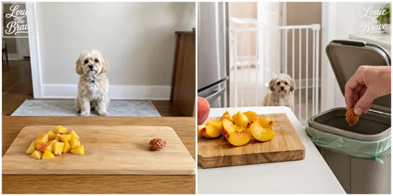 Small dog watching chopped peaches and a peach pit on a cutting board, with the pit being discarded in a trash bin (도마 위의 잘게 썬 복숭아와 씨를 바라보는 작은 강아지와 복숭아씨를 쓰레기통에 버리는 모습)
