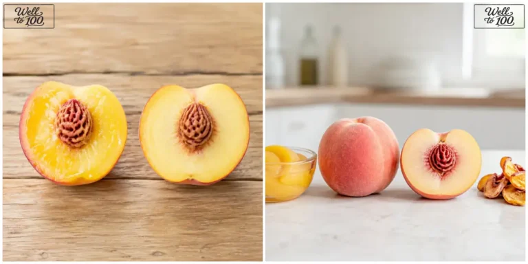 Whole and halved peaches shown side by side for comparison (통복숭아와 반으로 자른 복숭아를 나란히 비교한 모습)