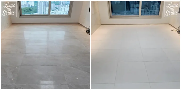 Empty room floor shown before and after installing light-colored pet floor mats (밝은색 반려동물 바닥 매트를 설치하기 전과 후의 빈 실내 바닥)