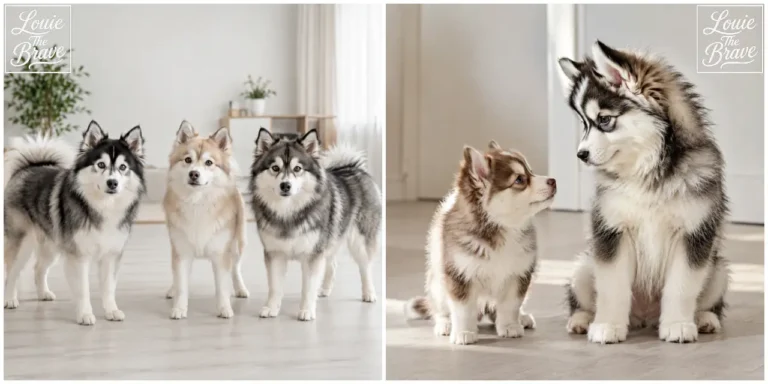 Three Pomsky dogs standing indoors and a Pomsky puppy sitting beside an adult Pomsky (실내에 서 있는 폼스키 세 마리와 성견 폼스키 옆에 앉아 있는 폼스키 강아지)