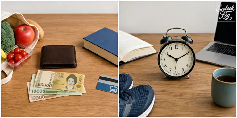 Limited money and time represented by Korean won, groceries, a wallet, and a clock (한국 원화와 장보기 물품, 지갑, 시계로 표현한 한정된 돈과 시간)