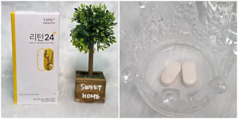 Return Twenty Four Plus box beside two tablets in a clear glass dish (리턴24 제품 상자와 투명한 유리 접시에 놓인 정제 2정)