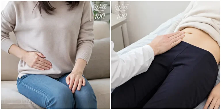 Woman holding her lower abdomen beside a medical examination of the lower abdomen (아랫배를 짚고 있는 여성과 의료진이 하복부를 진찰하는 모습)