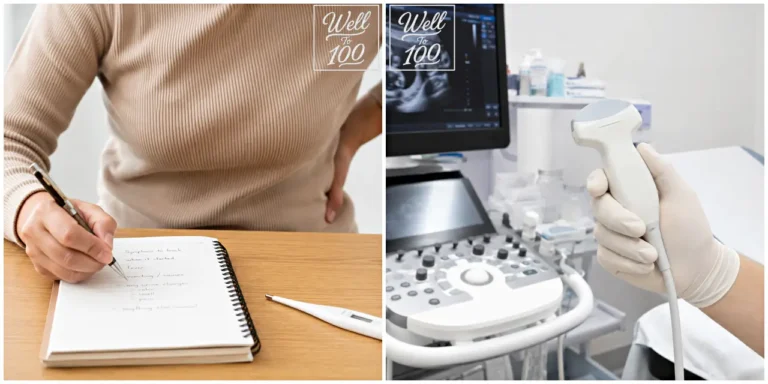 Person holding their side while taking notes beside an ultrasound machine and probe (옆구리를 짚고 메모하는 사람과 초음파 장비 및 탐촉자를 함께 보여주는 모습)