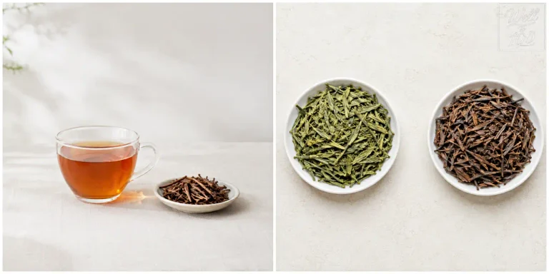 Cup of amber hojicha tea beside roasted tea leaves, with green and roasted tea leaves in white bowls (호지차 한 잔과 볶은 찻잎, 흰 그릇에 담긴 녹색 찻잎과 볶은 찻잎)